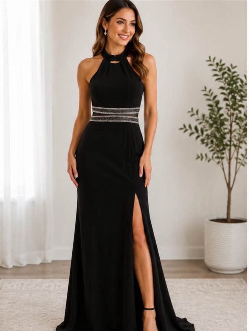 Speechless Black Halter Prom Gown with Sparkling Waistband